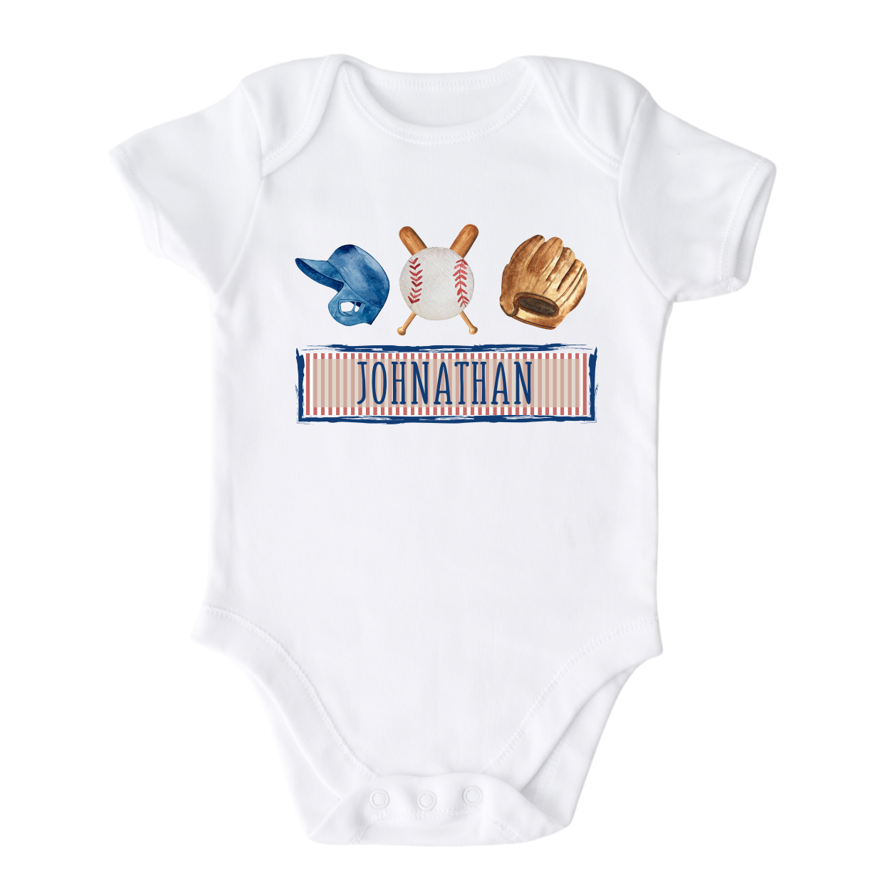 Baby Onesie with a cute printed design of baseball theme, customizable with a name option.