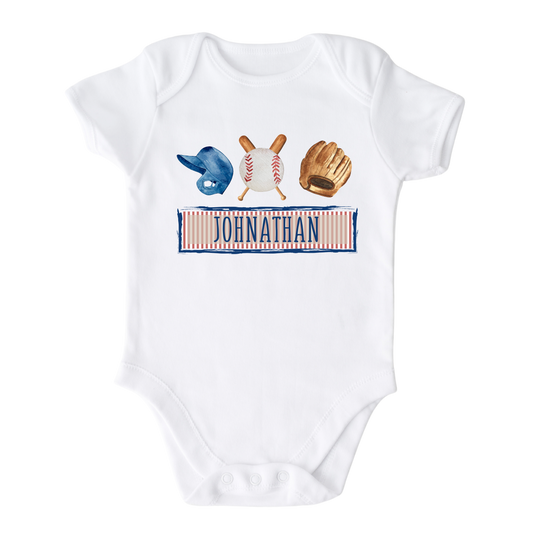 Baby Onesie with a cute printed design of baseball theme, customizable with a name option.