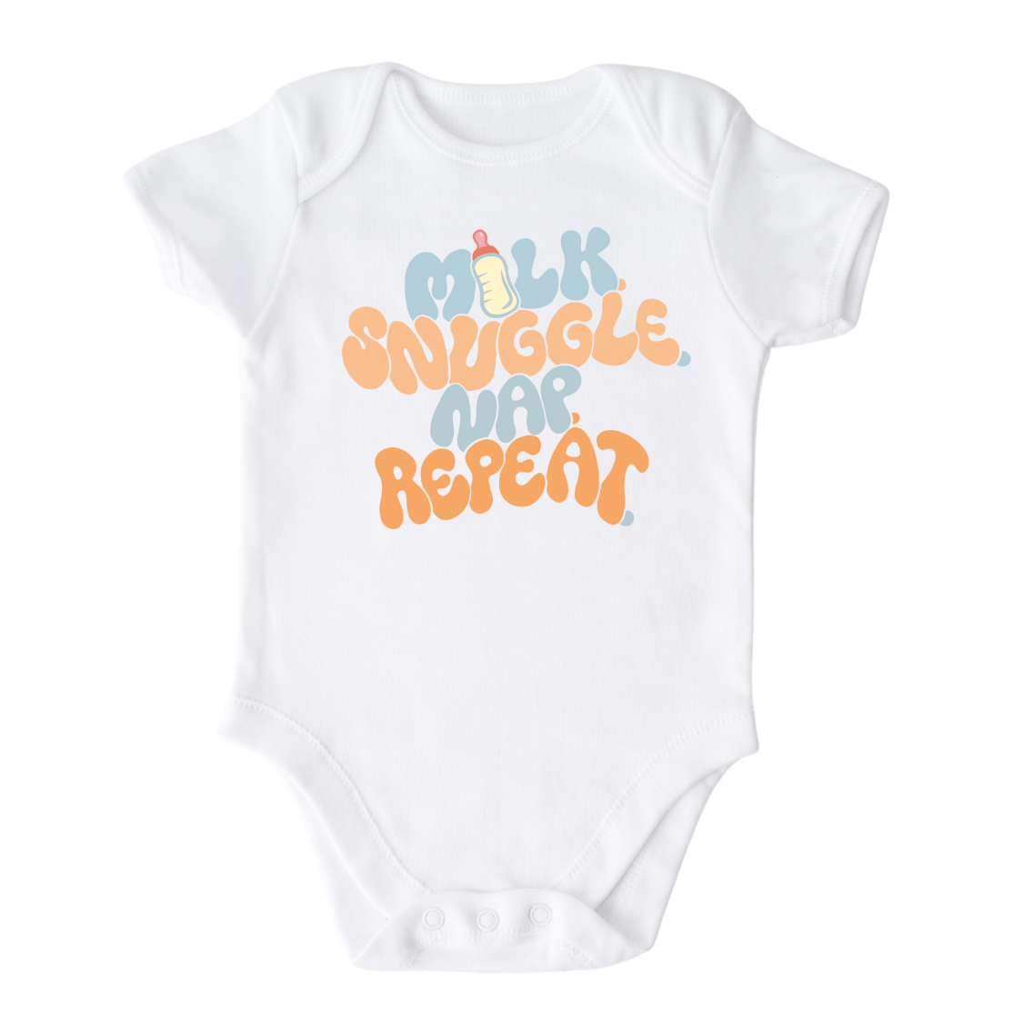 White Baby Bodysuit with a fun printed graphic and the text 'Milk Snuggle Nap Repeat.' This playful and cute design captures the essence of cozy and comforting moments. 