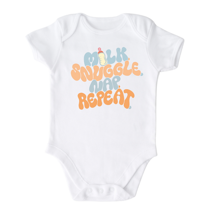 White Baby Bodysuit with a fun printed graphic and the text 'Milk Snuggle Nap Repeat.' This playful and cute design captures the essence of cozy and comforting moments. 