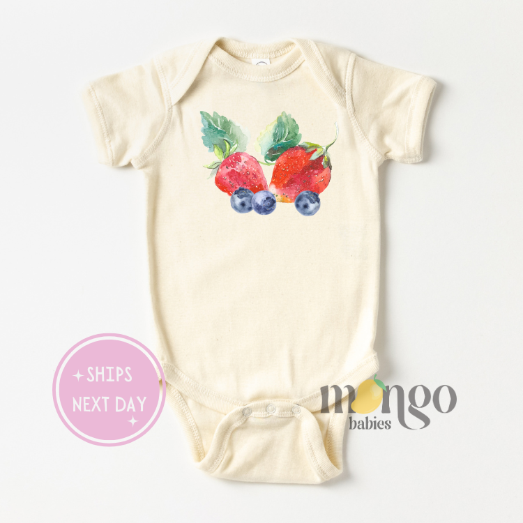 cute strawberries baby onesie, blueberry baby onesie, berry bodysuit