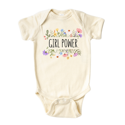 Natural Onesie featuring a captivating floral frame graphic and empowering text 'Girl Power.' Ideal for young girls celebrating confidence and strength. 