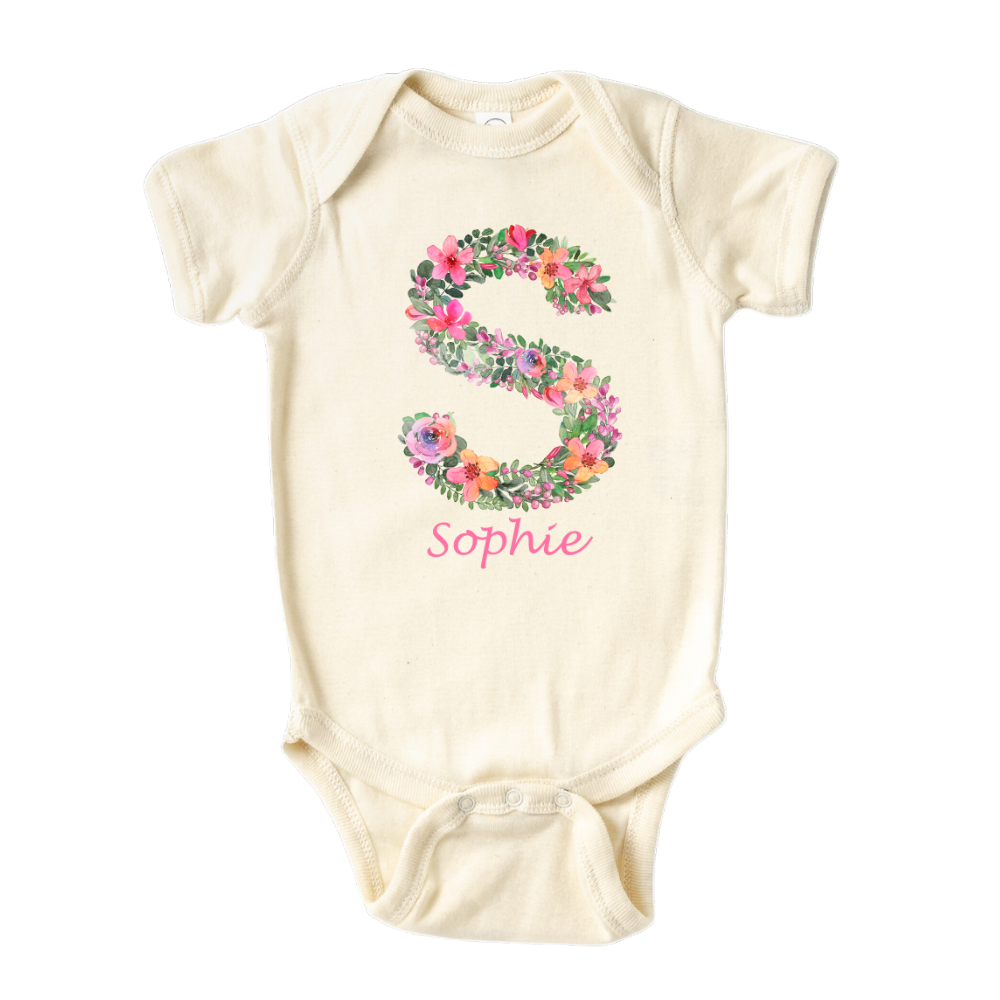 Baby Onesie - Cute Baby Bodysuit - Floral Baby Clothes - Floral Baby Onsie Custom Name Initial - Baby Gift 