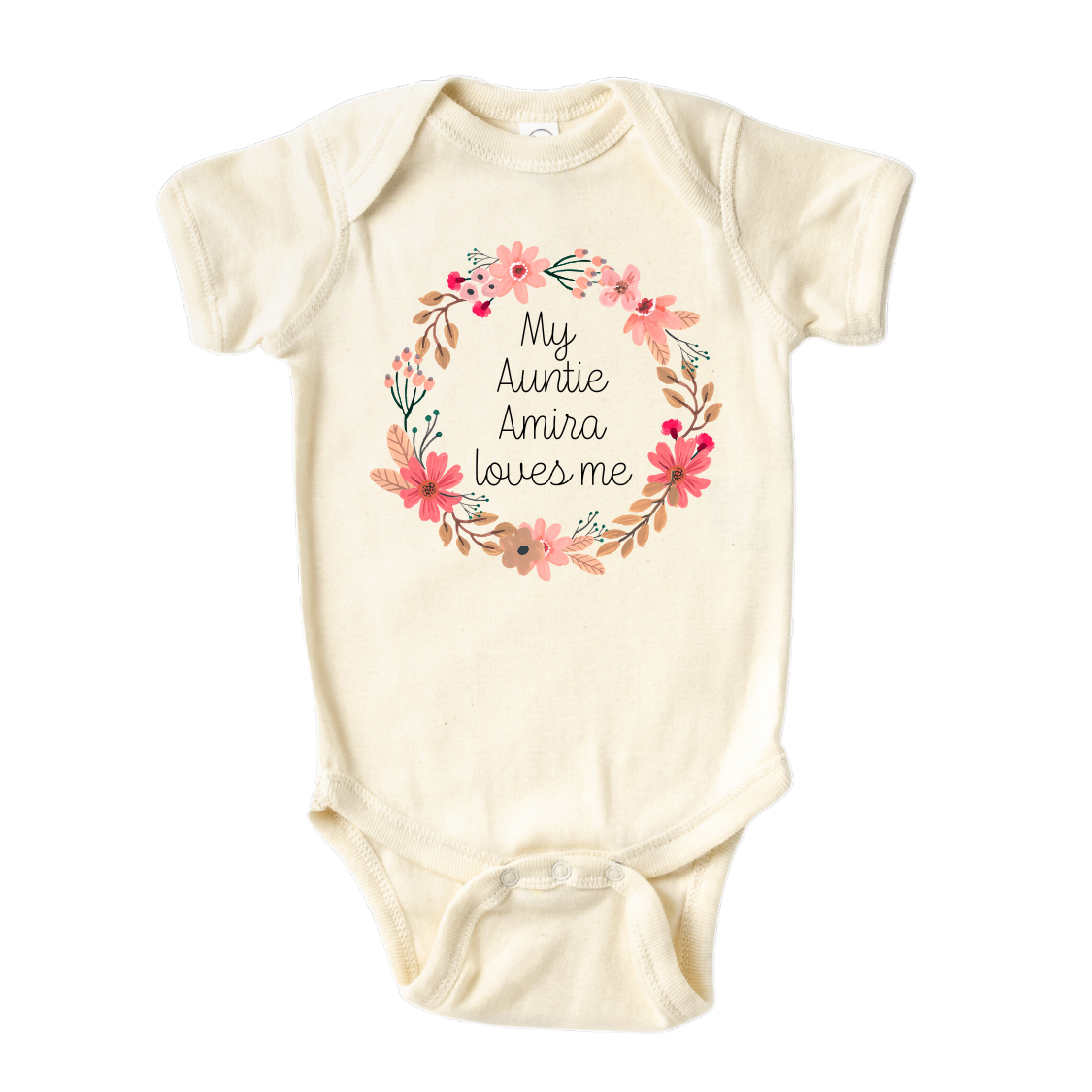 Natural Baby Onesie featuring a floral wreath design and customizable text 'My Auntie Loves Me.