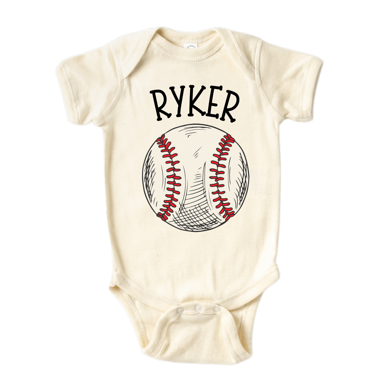 Natural Baby Bodysuit with a cute printed design of a baseball, customizable with a name option.