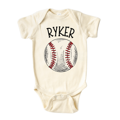 Natural Baby Bodysuit with a cute printed design of a baseball, customizable with a name option.