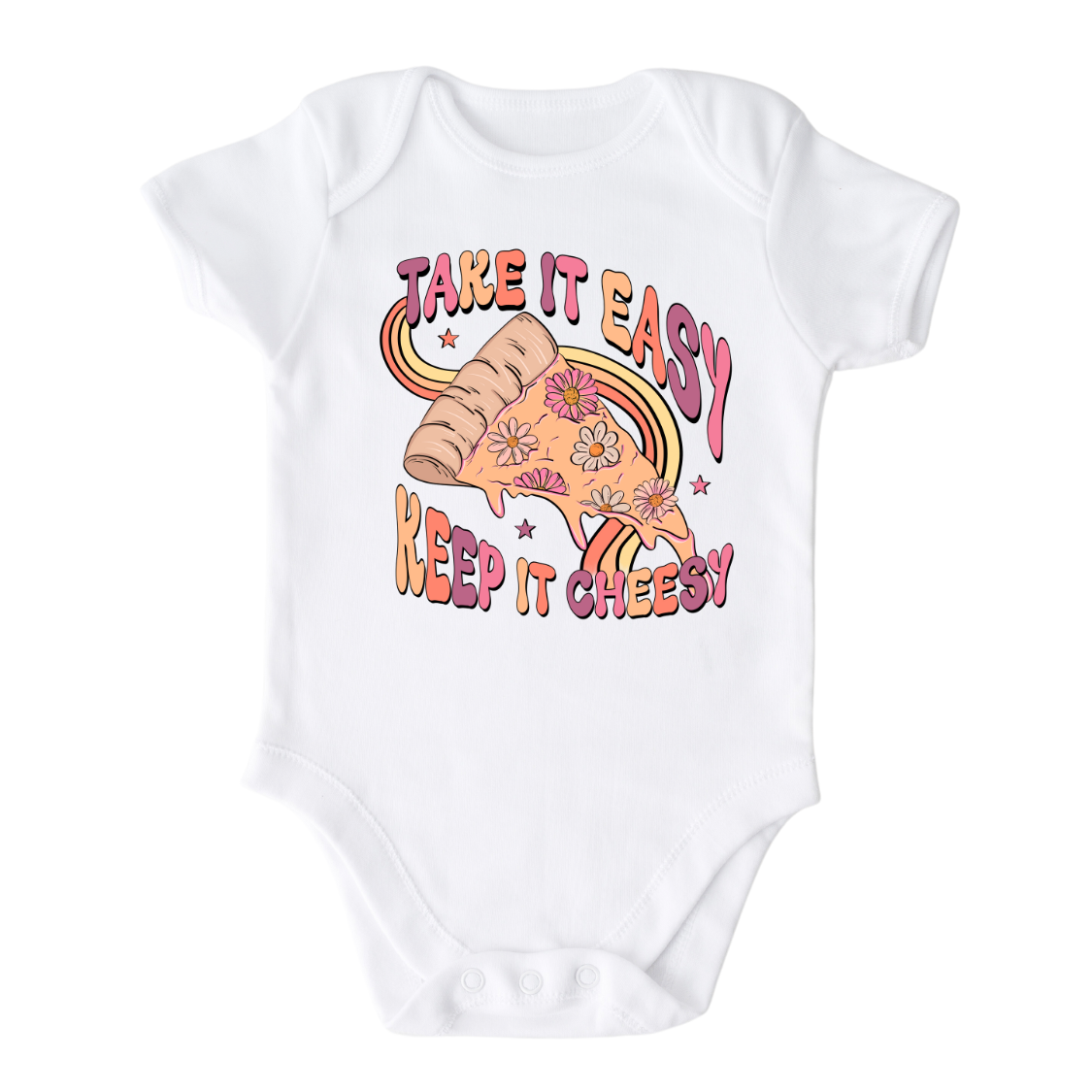 Cute Baby Onesie - Girl Outfit - Gift for Baby Girl with a cute retro pizza design and 'Take It Easy Keep It Cheesy' text.