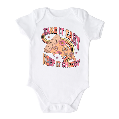 Cute Baby Onesie - Girl Outfit - Gift for Baby Girl with a cute retro pizza design and 'Take It Easy Keep It Cheesy' text.