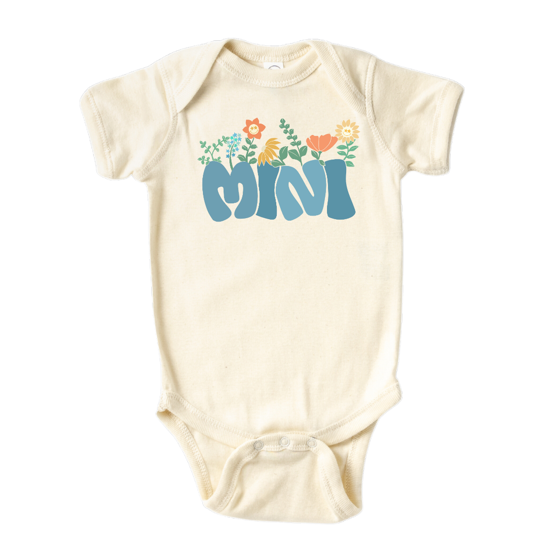 Natural Bodysuit with a retro blue printed graphic of the text 'Mini.' This trendy design adds a playful and vintage touch to your child's outfit.