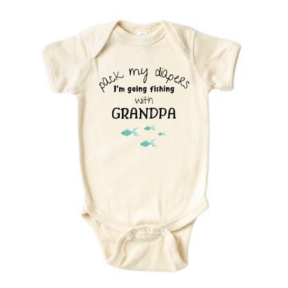 Natural Baby Clothes featuring a cute printed graphic of fish and the text 'Pack My Diapers I'm going fishing with grandpa.' This charming t-shirt is perfect for little ones who enjoy fishing adventures with their grandpas. Made from high-quality materials, it offers comfort and durability, making it a wonderful addition to any child's wardrobe.