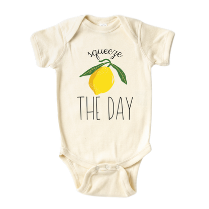 Natural Short Sleeve Baby Bodysuit with a cute lemon graphic and the text 'Squeeze The Day.' This vibrant design encourages seizing opportunities and embracing positivity