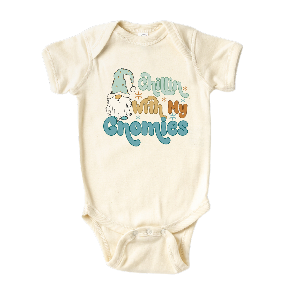 Natural Onesie with a cute gnome graphic and the text 'Chillin with my Gnomies.' Playful and trendy design for stylish outfits.