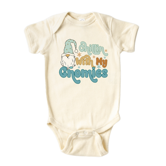 Natural Onesie with a cute gnome graphic and the text 'Chillin with my Gnomies.' Playful and trendy design for stylish outfits.