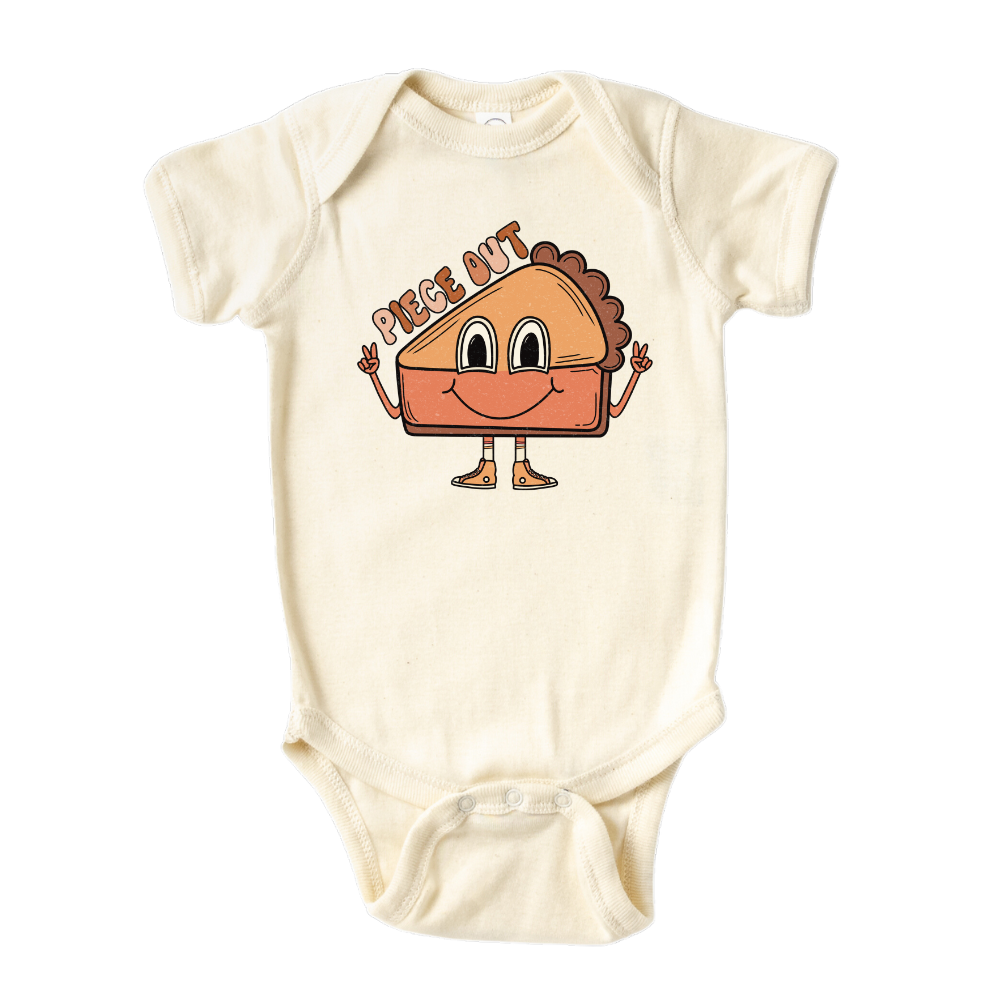 Natural Bodysuit with pumpkin pie graphic and text 'Piece Out', ideal for autumn fashion, Thanksgiving outfits, and holiday celebrations
