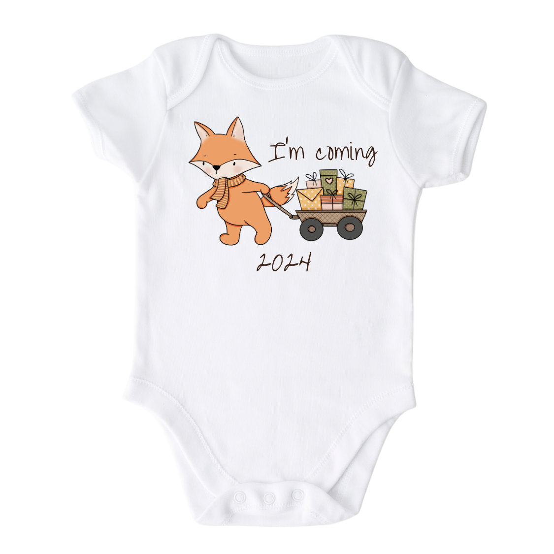 Kid's t-shirt and baby onesie with cute fox pulling a wagon design, customizable with names for a special touch.