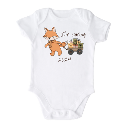 Kid's t-shirt and baby onesie with cute fox pulling a wagon design, customizable with names for a special touch.