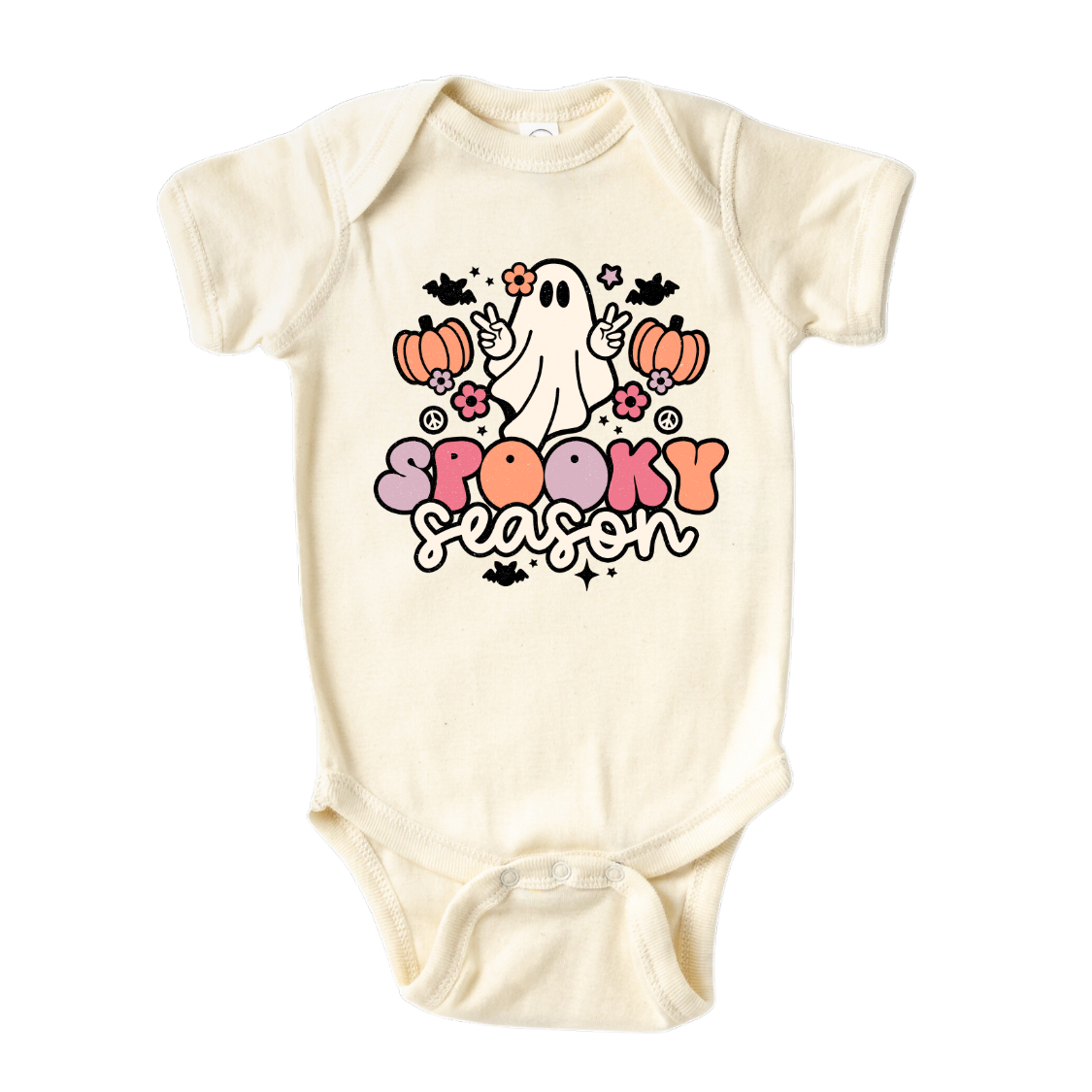 Natural onesie with a cute ghost graphic and the text 'Spooky Season.' Perfect for Halloween outfits and festivities. Shop now and let your little one embrace the spirit of Halloween with this fun and festive tee!