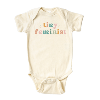 Natural Baby Bodysuit with colorful design for Tiny Feminist saying