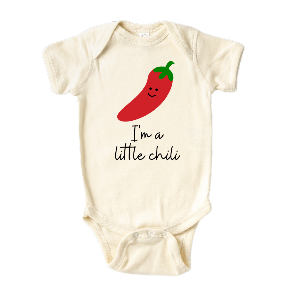 Natural Baby bodysuit featuring a playful printed graphic of a chili and the text 'I'm A Little Chili.' Explore this vibrant and fun tee, perfect for adding a touch of spice to your child's wardrobe. 