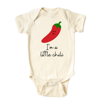 Natural Baby bodysuit featuring a playful printed graphic of a chili and the text 'I'm A Little Chili.' Explore this vibrant and fun tee, perfect for adding a touch of spice to your child's wardrobe. 