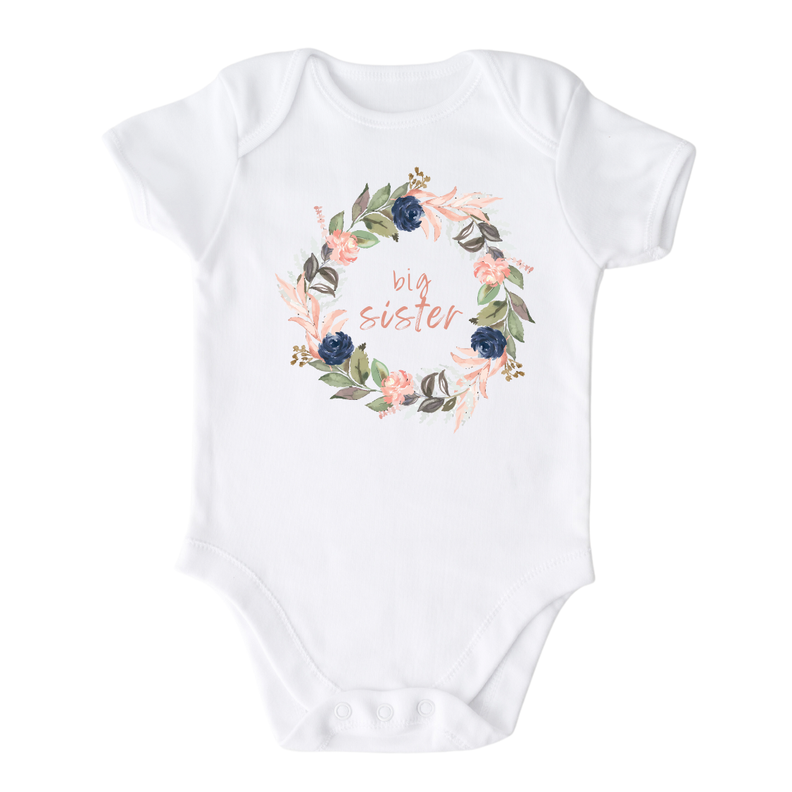 Baby Bodysuit with a cute printed graphic of a floral wreath and the text 'Big Sister.' This adorable t-shirt celebrates the special role of being a big sister. Made with high-quality materials, it offers comfort and durability, making it a perfect addition to any child's wardrobe.