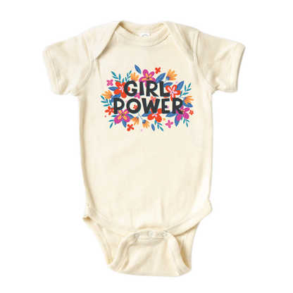 Natural Baby Bodysuit with a floral icon and the text 'Girl Power.' This empowering design celebrates the strength and confidence of girls.