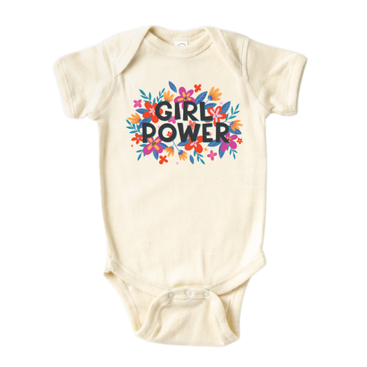 Natural Baby Bodysuit with a floral icon and the text 'Girl Power.' This empowering design celebrates the strength and confidence of girls.