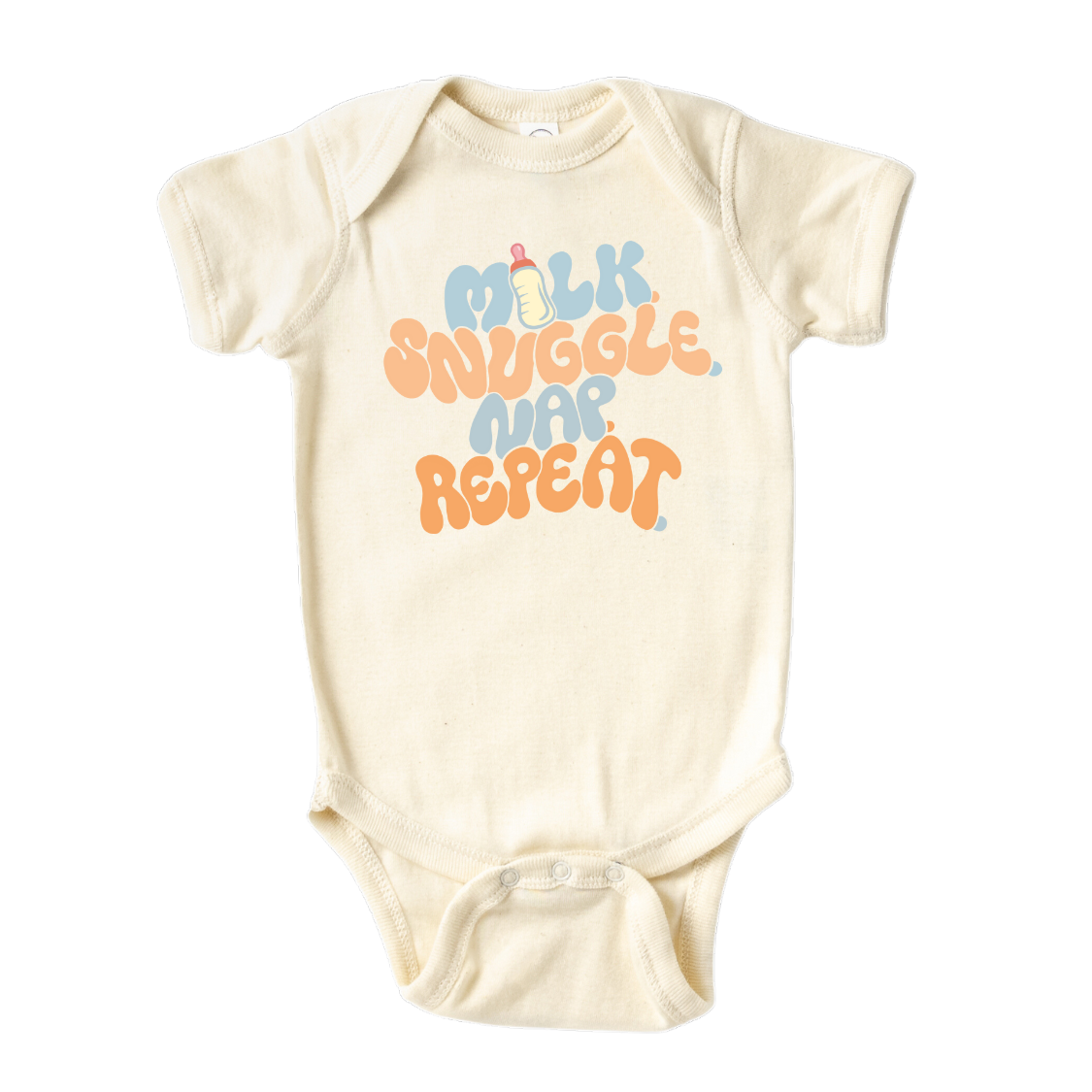 Natural Baby Bodysuit with a fun printed graphic and the text 'Milk Snuggle Nap Repeat.' This playful and cute design captures the essence of cozy and comforting moments. 