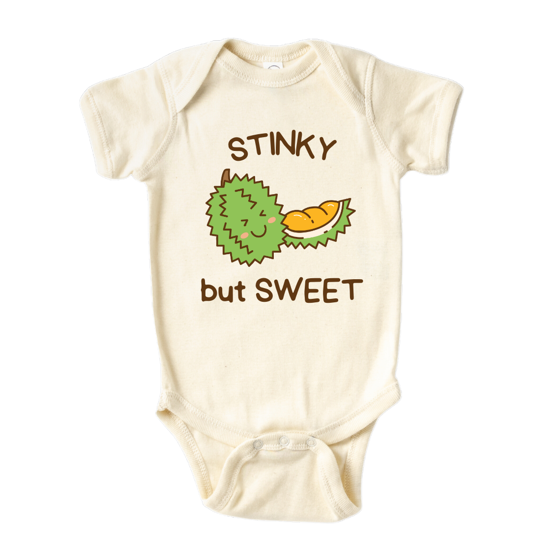 Natural Onesie with cute durian graphic and text 'Stinky but sweet.' Unique and funny design for children. 