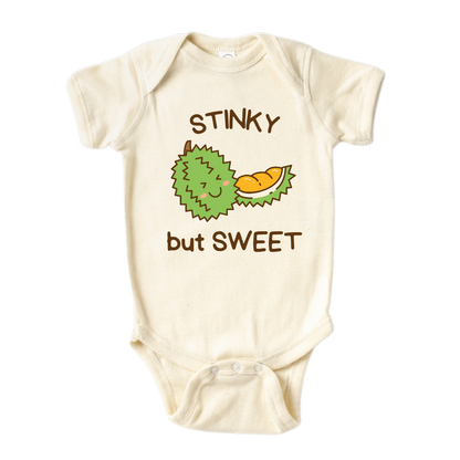 Natural Onesie with cute durian graphic and text 'Stinky but sweet.' Unique and funny design for children. 