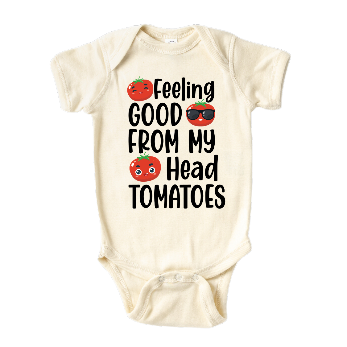 natural short sleeve baby onesie with cute tomatoes and the text 'Feeling Good From My Head Tomatoes.' This playful design adds a fun and cheerful touch to their outfit. 