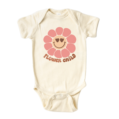 Natural Onesie with a cute flower graphic and text 'Flower Child' - Express your child's free-spirited style with this adorable flower-themed tee, perfect for little fashionistas. 