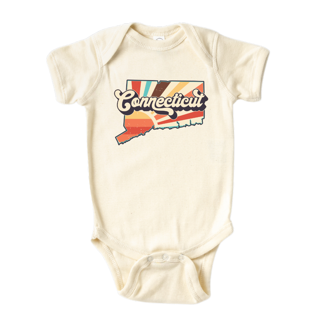 Connecticut retro design printed on baby bodysuit in natural color, front image view
