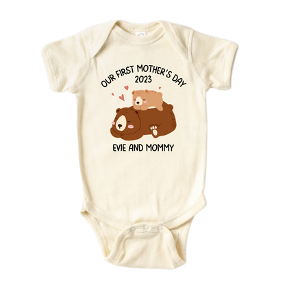 Cute Baby Onesie - Baby Clothes - Baby Bodysuit - Baby Gift - Custom Baby Outfit with a cute Mama Bear and Baby Bear design, featuring 'Our First Mother's Day' text, customizable with names.