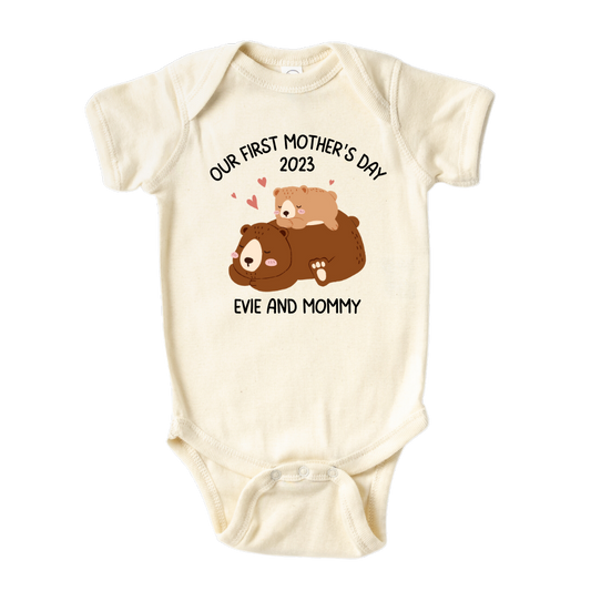 Cute Baby Onesie - Baby Clothes - Baby Bodysuit - Baby Gift - Custom Baby Outfit with a cute Mama Bear and Baby Bear design, featuring 'Our First Mother's Day' text, customizable with names.