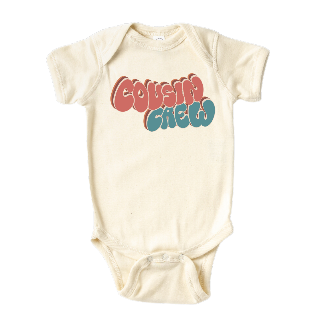 Natural Onesie with a groovy printed graphic and the text 'Cousin Crew.' This trendy and cool design celebrates the bond of cousins in a unique and stylish way. 