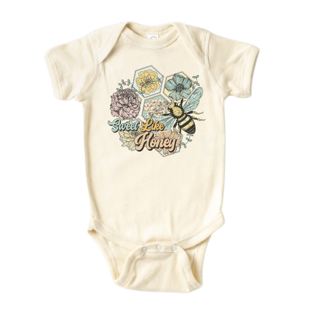 Natural Onesie with a cute retro graphic of flowers and bees, and the text 'Sweet Like Honey.' Trendy and playful design for stylish outfits. 