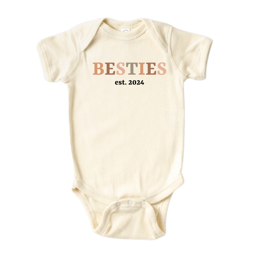 Kid's t-shirt with a cute retro style featuring the text 'Besties', customizable with the option for 'established year'.