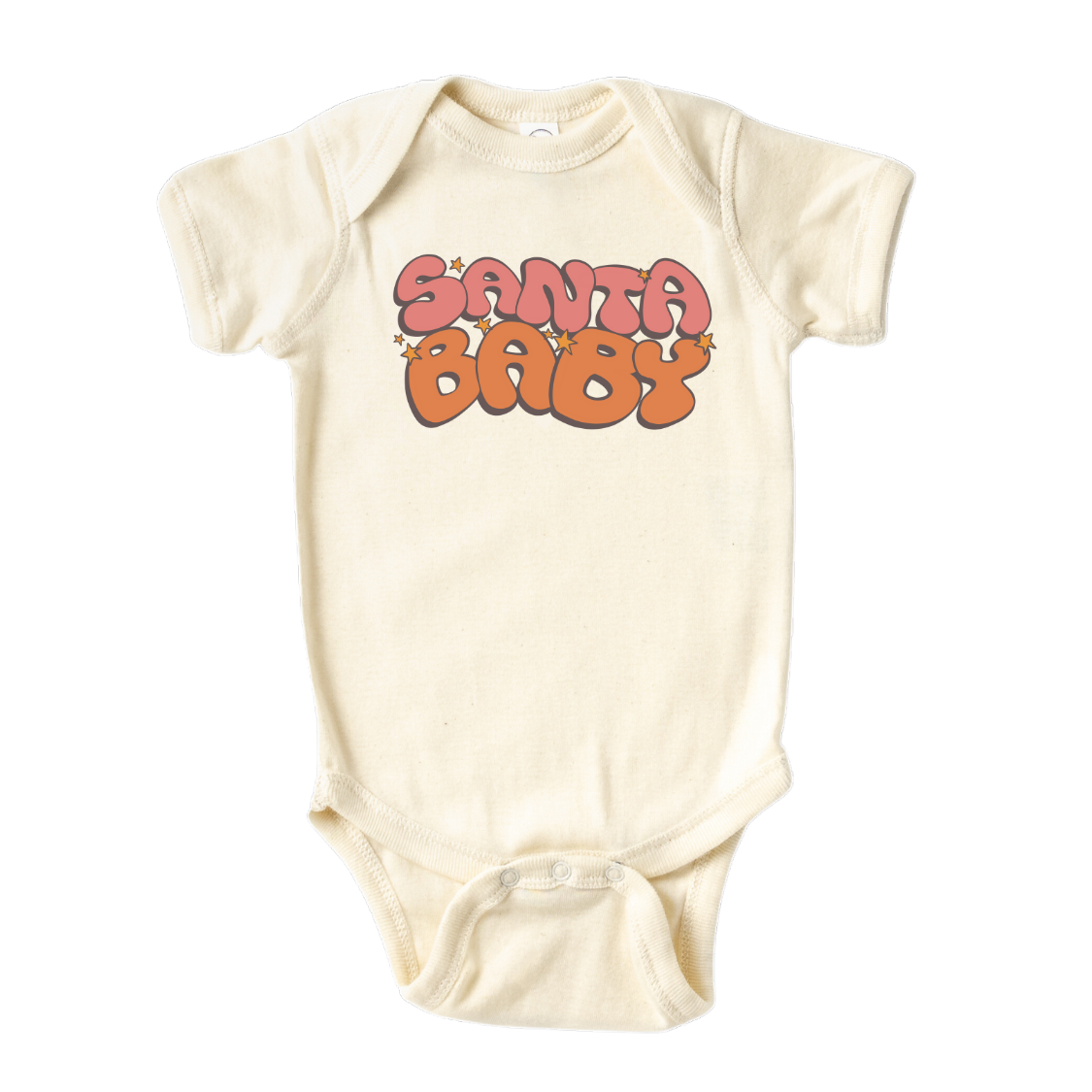 Natural onesie with a retro printed graphic and the text 'Santa Baby.' This festive and charming design is perfect for the Christmas season.
