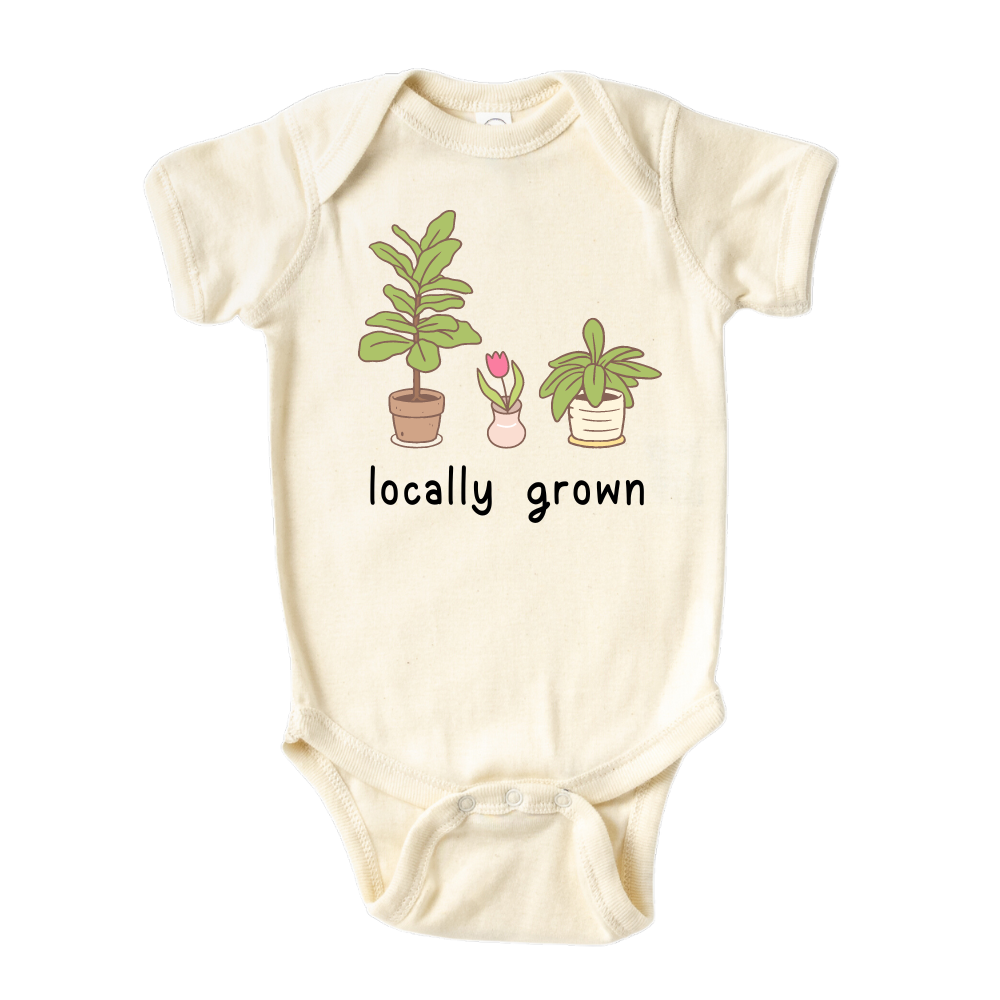 Short Sleeve Natural Onesie with a succulent graphic and the text 'Locally Grown.' This design represents local pride and supports community spirit.