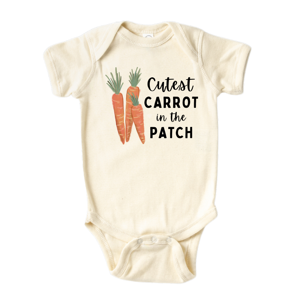 Natural Baby Onesie with carrot graphic with 'Cutest Carrot in the Patch' text.