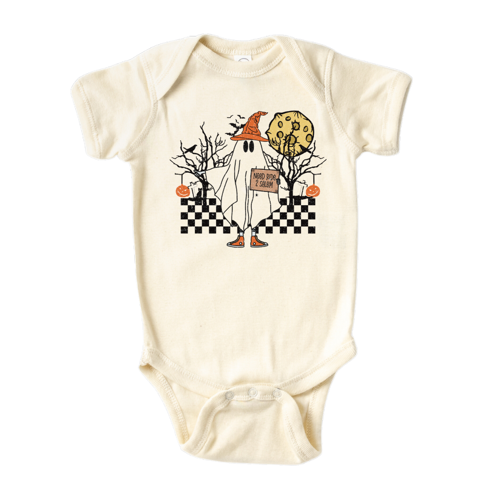 Natural onesie with a cute ghost graphic and the text 'Need Ride 2 Salem'. Ideal for Halloween outfits and spooky fun. Shop now for this adorable and humorous shirt for your child's wardrobe.