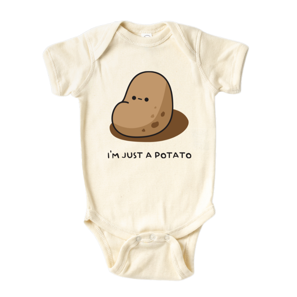 Natural Baby Bodysuit showcasing a playful printed graphic of a potato and the text 'I'm just a potato.' Explore this adorable tee that celebrates uniqueness and humor.
