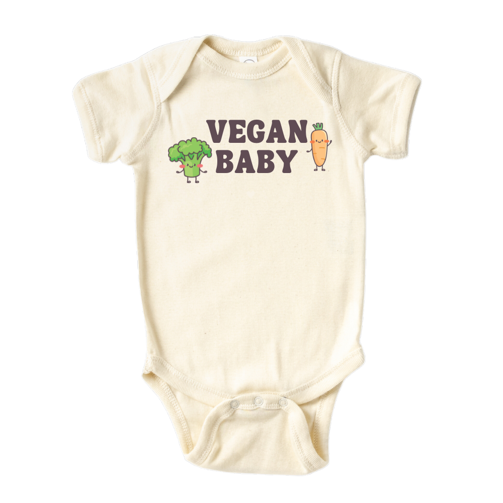 Natural Baby Onesie showcasing a fun printed graphic of a broccoli and carrot with the text 'Vegan Baby.' Explore this vibrant tee that promotes a healthy lifestyle for children.