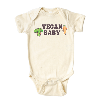 Natural Baby Onesie showcasing a fun printed graphic of a broccoli and carrot with the text 'Vegan Baby.' Explore this vibrant tee that promotes a healthy lifestyle for children.