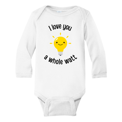 Long Sleeve Onesie showcasing a playful printed graphic of a light bulb and the endearing text 'I love you a whole watt.' Discover this adorable tee that adds a touch of affection and style to your child's wardrobe