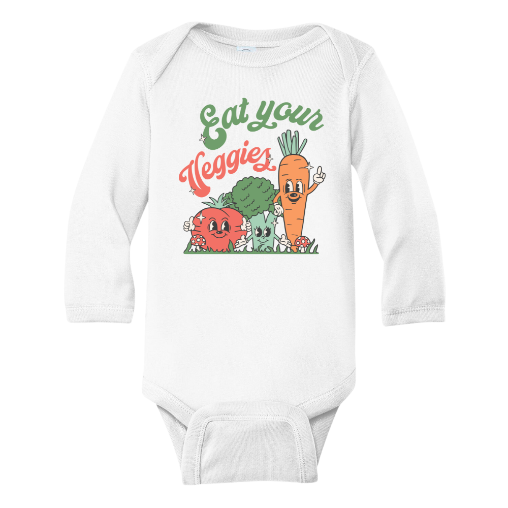 A kids' t-shirt with endearing graphics of a cute tomato, broccoli, and carrot, accompanied by the text 'Eat Your Veggies.' The design promotes healthy eating habits and celebrates the goodness of vegetables, inspiring a nutritious lifestyle.