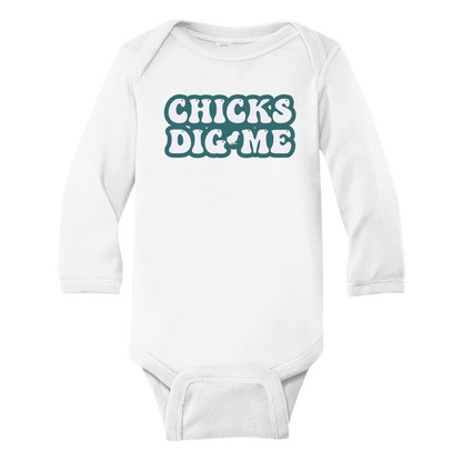 Long Sleeve Onesie featuring a cute and eye-catching printed graphic of bold green text saying 'Chicks Dig Me.' Embrace your child's charm and confidence with this playful tee.