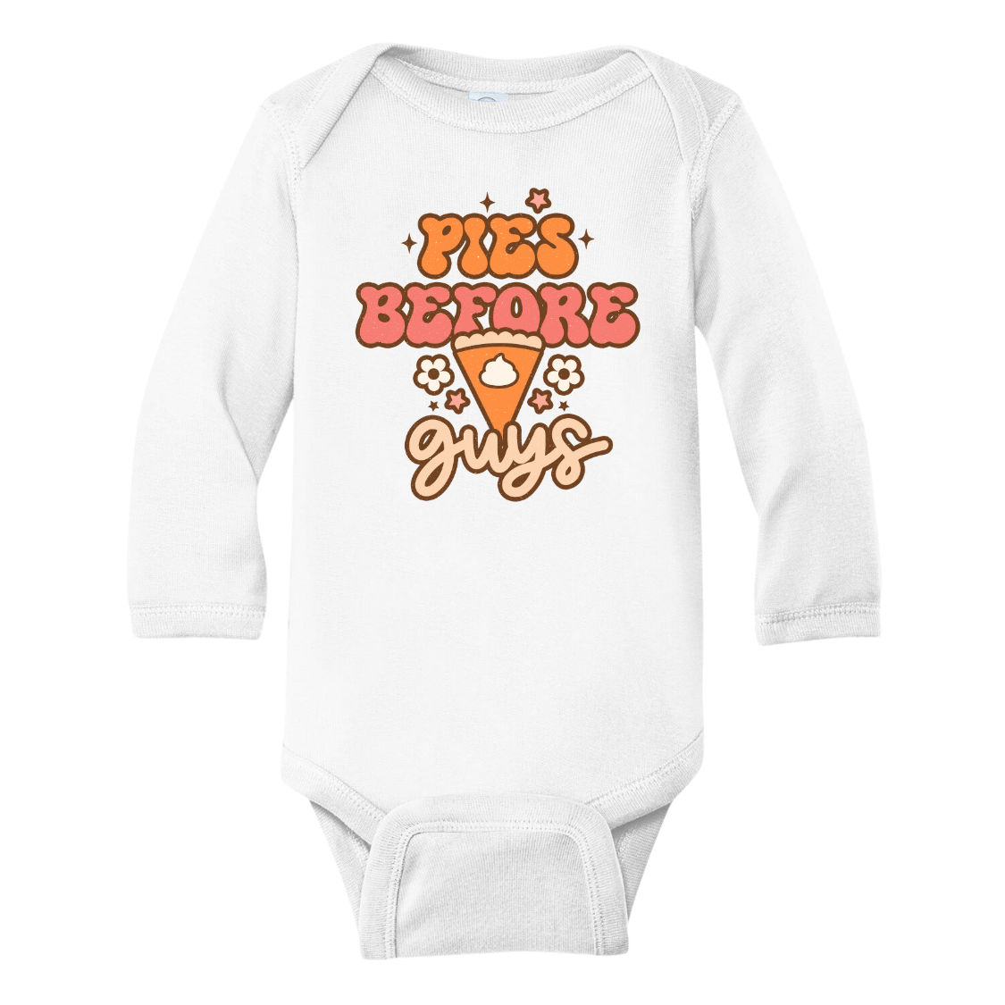 A kids' t-shirt with an adorable graphic of a cute pumpkin pie and the text 'Pie before guys.' The design represents a playful and confident attitude, celebrating the love for desserts and individuality. It's a fun and fashionable tee that showcases the wearer's unique style and personality.