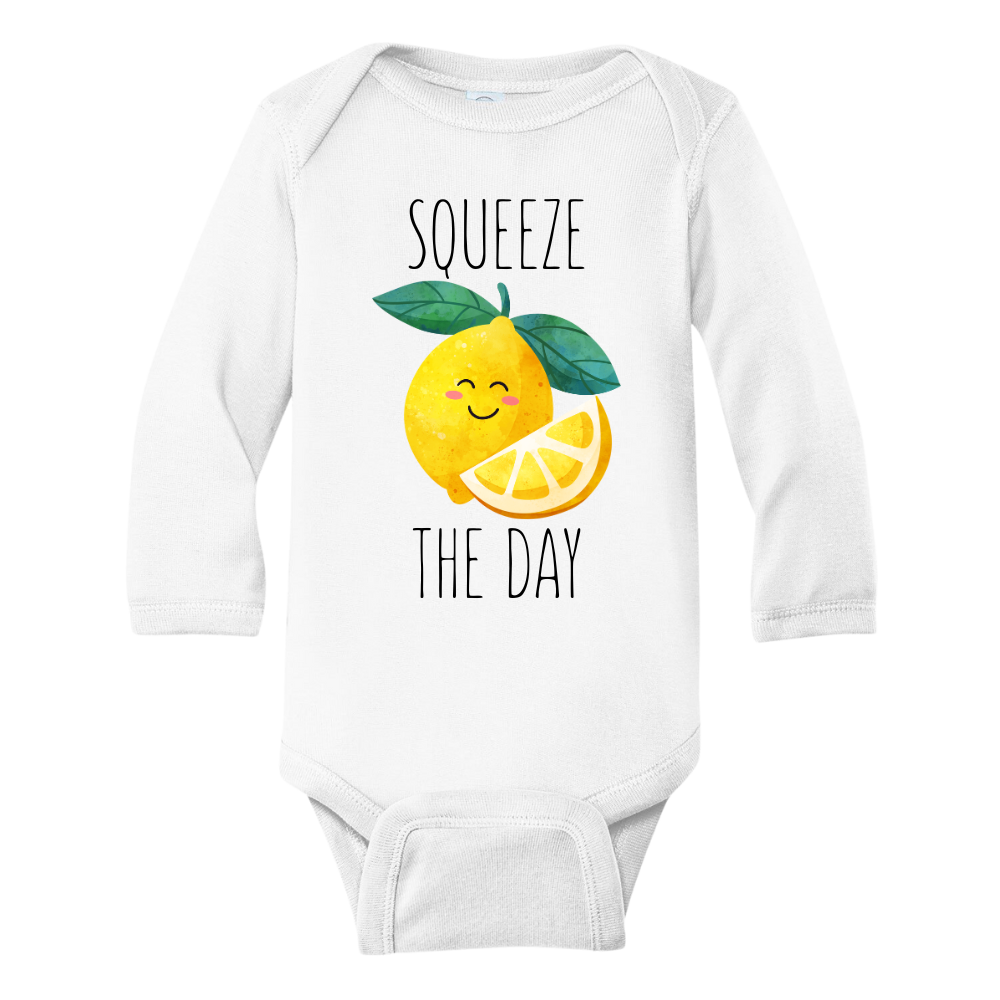 Long Sleeve Baby Bodysuit showcasing a playful printed graphic of a lemon with the text 'Squeeze The Day.' Explore this vibrant and motivational tee, perfect for adding a burst of positivity to your child's wardrobe.